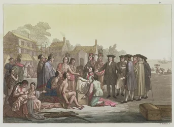 William Penn negocjujący traktat prowadzący do założenia Pensylwanii, z „Le Costume Ancien et Moderne”, tom I, płyta 41, autorstwa Julesa Ferrario, wydany ok. 1820-30 (kolorowe grawerowanie)